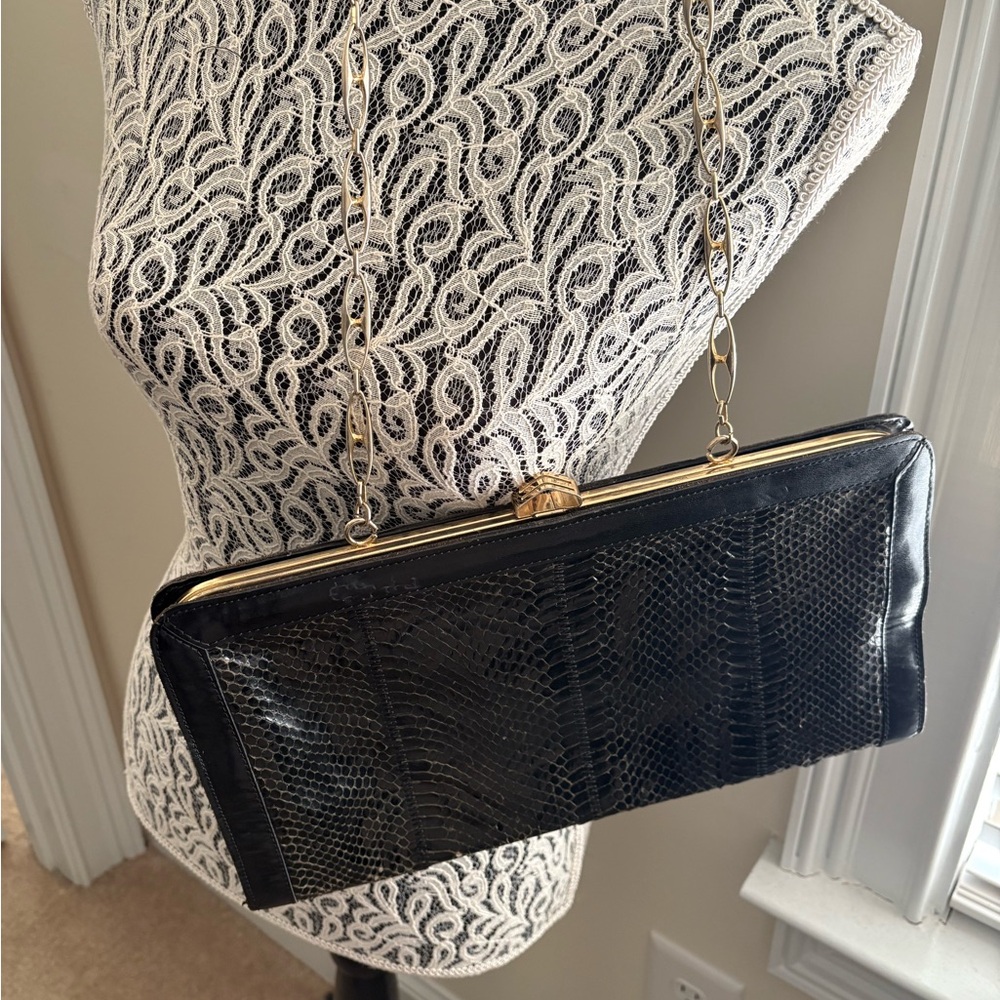 Snakeskin Leather Black Clutch with Gold Chain - Picture 2 of 2